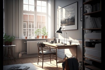 Fototapeta na wymiar Scandinavian style interior study room with a natural wood desk, a table lamp and a chair to work, and the sun is illuminating brightly the room, the framed pictures on the wall and the potted plants