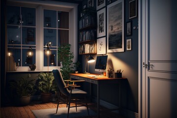 Scandinavian style interior study room with window at night with natural wood desk and a chair, meanwhile a table lapm illumninates the room that has bookshelves, plants and framed pictures in it 