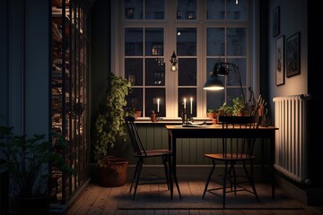 Scandinavian style interior study room with framed pictures at night with natural wood chairs and desk with a lamp on it