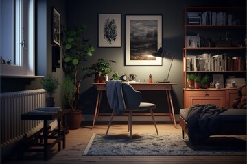 Scandinavian style interior study room with bookshelf and framed pictures at night with natural wood chair and desk with potted plants on it