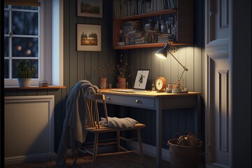 Scandinavian style interior study room with window at night with natural wood desk and a chair, meanwhile a table lapm illumninates the room that has bookshelves, plants and framed pictures in it 