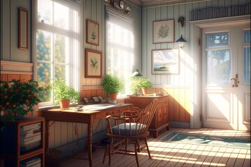 County style interior study room in the morning sunshine, with vintage looking natural wood desk with a lamp on it, chair and furniture, meanwhile pictures and clock hanging on the wall