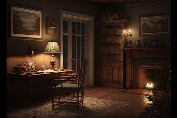 Country interior style study room at night with robust vintage looking natural wood desk and furnitures, with pictures and clock on the wall, illuminated bluntly with a table lamp