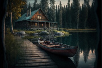 Obraz premium a boat is docked at a dock near a cabin on a lake with a dock and a dock with a boat on it and a dock. generative ai