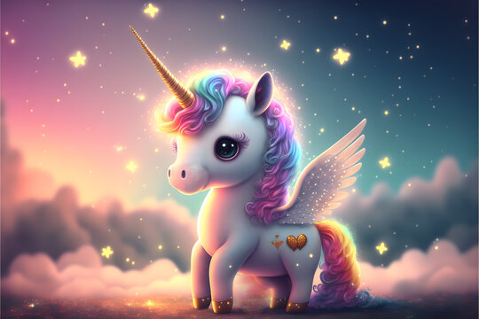 Cute Unicorn, Magic Baby Rainbow Horse surrounded by sparkles and glitter, Fantasy Background, 3D Illustration generativ ai