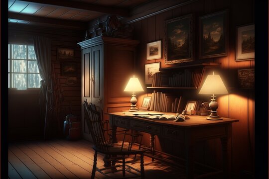 Country interior style study room at dusk with robust vintage looking natural wood desk and furnitures, with pictures and clock on the wall, illuminated bluntly with a table lamp