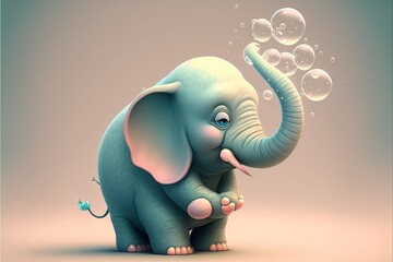  a small elephant with bubbles in its trunk and a blue eye on its face, sitting on a light colored background, with a pink background.  generative ai