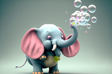  a cartoon elephant blowing bubbles on its trunk with its trunk out and its trunk out, with a green background and a blue sky with white background.  generative ai