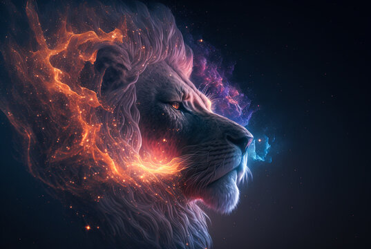 Fantasy lion head, double exposure with cosmic lights. Created with Generative AI technology.