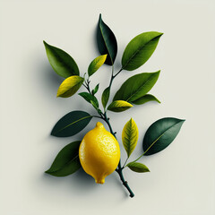 a branch of fresh lemon with leaves isolated on white background.