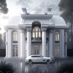 A white mansion and a white car, generative art - obrazy, fototapety, plakaty