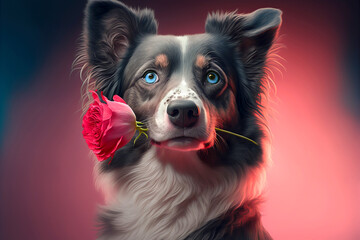 Border Collie Holding a Red Rose in Its Mouth. Generative AI.