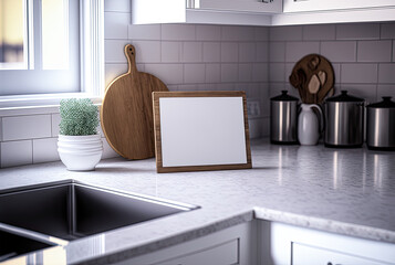 Mockup sign, home kitchen countertop. Generative AI