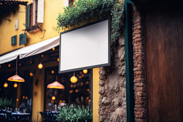 Mockup sign, Italian restaurant exterior. Generative AI