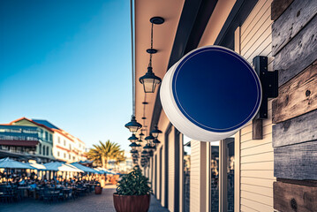 Mockup round blue sign, seafood restaurant exterior. Generative AI