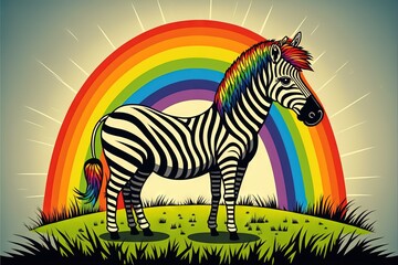 Fototapeta na wymiar a zebra standing in the grass with a rainbow in the background and a sky background with clouds and sun rays behind it, with a grass area for text. generative ai