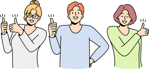 Young man, women show thumbs up, like hand gesture.