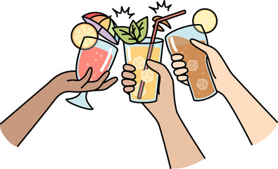 Hands of multiracial people clink glasses with drinks.