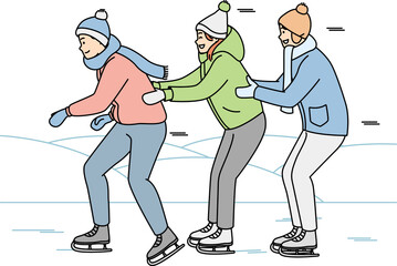 Girl, guys in warm clothes are skating outside.