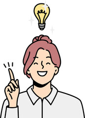 Shining light bulb over head of smiling smart girl.