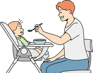 Young dad feeds baby sitting in highchair from spoon.