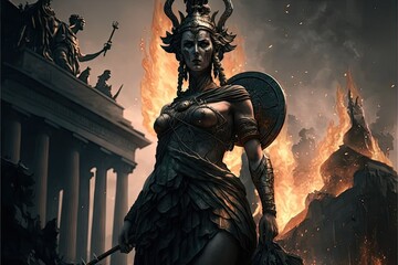 Statue of Athena, goddess of wisdom and war, standing tall in front of burning city - AI generated