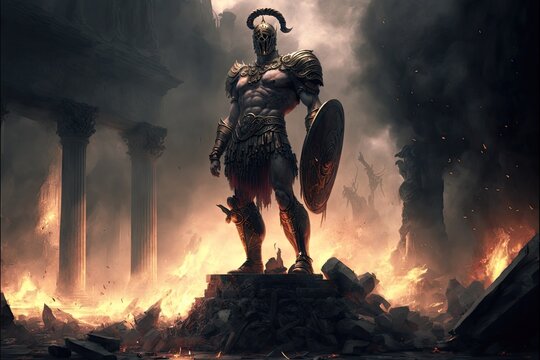 Statue of Ares, god of war, in battlefield with bodies and smoke in background - AI generated