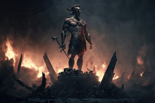 Statue of Ares, god of war, in battlefield with bodies and smoke in background - AI generated