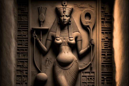 Statue of Hathor, goddess of love, music, and fertility with sistrum and hieroglyphs - AI generated