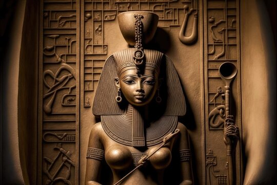 Statue of Hathor, goddess of love, music, and fertility with sistrum and hieroglyphs - AI generated