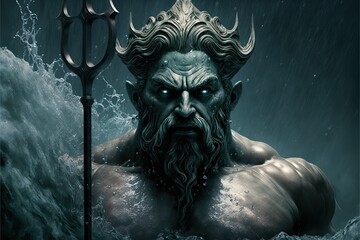 Poseidon, god of the sea, emerging from water with trident and fierce expression - AI generated - obrazy, fototapety, plakaty