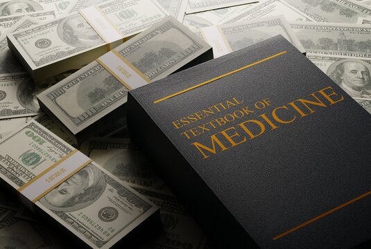 Book, textbook for medicine on the background of money. The concept of medical education costs, funds for medical studies. 3D render, 3D illustration.