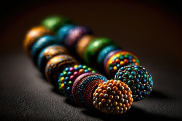  a colorful beaded object is laying on a black surface with a black background and a black background with a black background and a black background with a black background.  generative ai