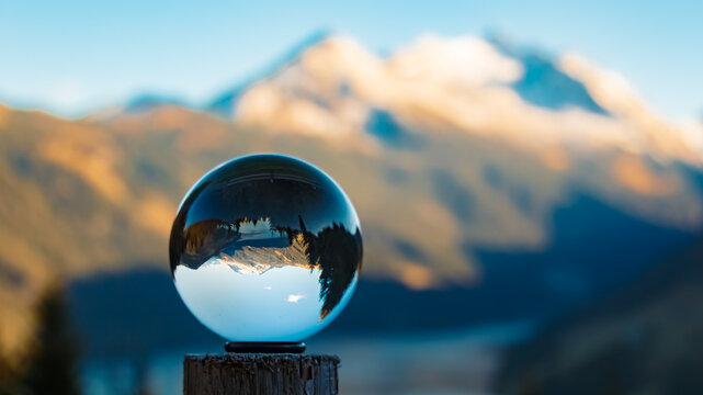 Crystal ball alpine landscape shot at the famous Gerlos Pass, Zillertal valley, Tyrol, Austria