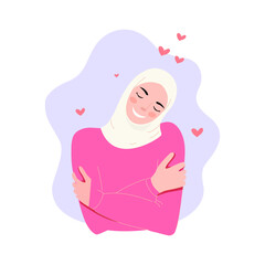 Happy muslim woman in hijab hugging herself. Love yourself. Self care. Beautiful Muslim woman hugs herself. Self-love concept. Self acceptance