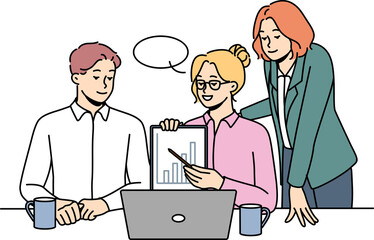 Smiling businesspeople talk on webcam make presentation