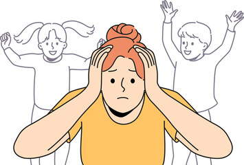 Stressed woman suffer from noisy kids - obrazy, fototapety, plakaty