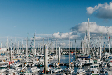 Port with yachts and a ship in the city of Brest in France
