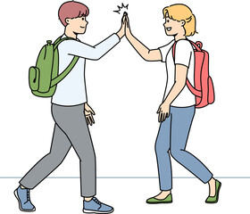 Smiling schoolchildren greeting outdoors