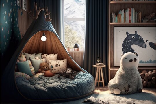  a child's bedroom with a teepee tent and stuffed animals in it, and a poster of a horse and a giraffe.  generative ai