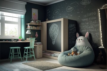  a child's room with chalkboard walls and a chalkboard drawing on the wall and a bean bag chair and a desk with a stuffed animal.  generative ai