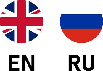 Round Flag Selection Button Badge Icon Set with UK and Russia Flags with Language Codes EN and RU for English and Russian. Vector Image.