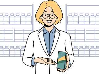 Smiling female pharmacist recommend medication