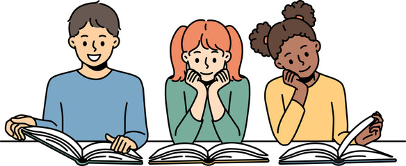 Smiling children reading books