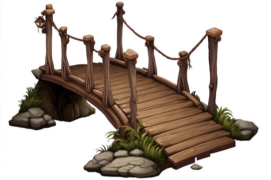 Wooden footbridge isolated on white background. AI illustration.