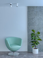 Empty interior with chair flower and empty white wall concrete
