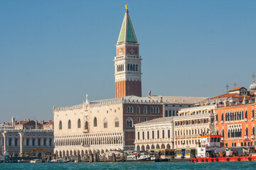 VENICE, ITALY - FEBRAURY 14, 2020: Doge's palace and St. Marco tower from water.