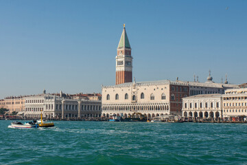 Fototapeta na wymiar VENICE, ITALY - FEBRAURY , 2020: Doge's palace, Library and St. Marco tower from water.