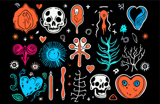 Cute hand drawn doodle vector set. Colorful collection of leaf, fruit, scribble, heart, flower, love letter, cloud, dessert. Adorable creative design element for decoration, ads, prints, branding.
