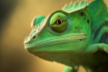 Fototapeta premium green lizard chameleon on a branch, 3d render closeup, ai generated picture